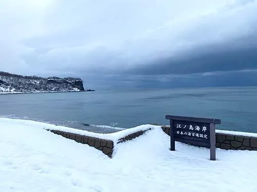 「“海アメ”の聖地」江ノ島海岸。この時期は雪にすっかり覆われている