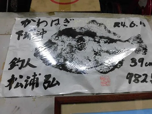 カワハギの魚拓、39cm！982g！デカッ！