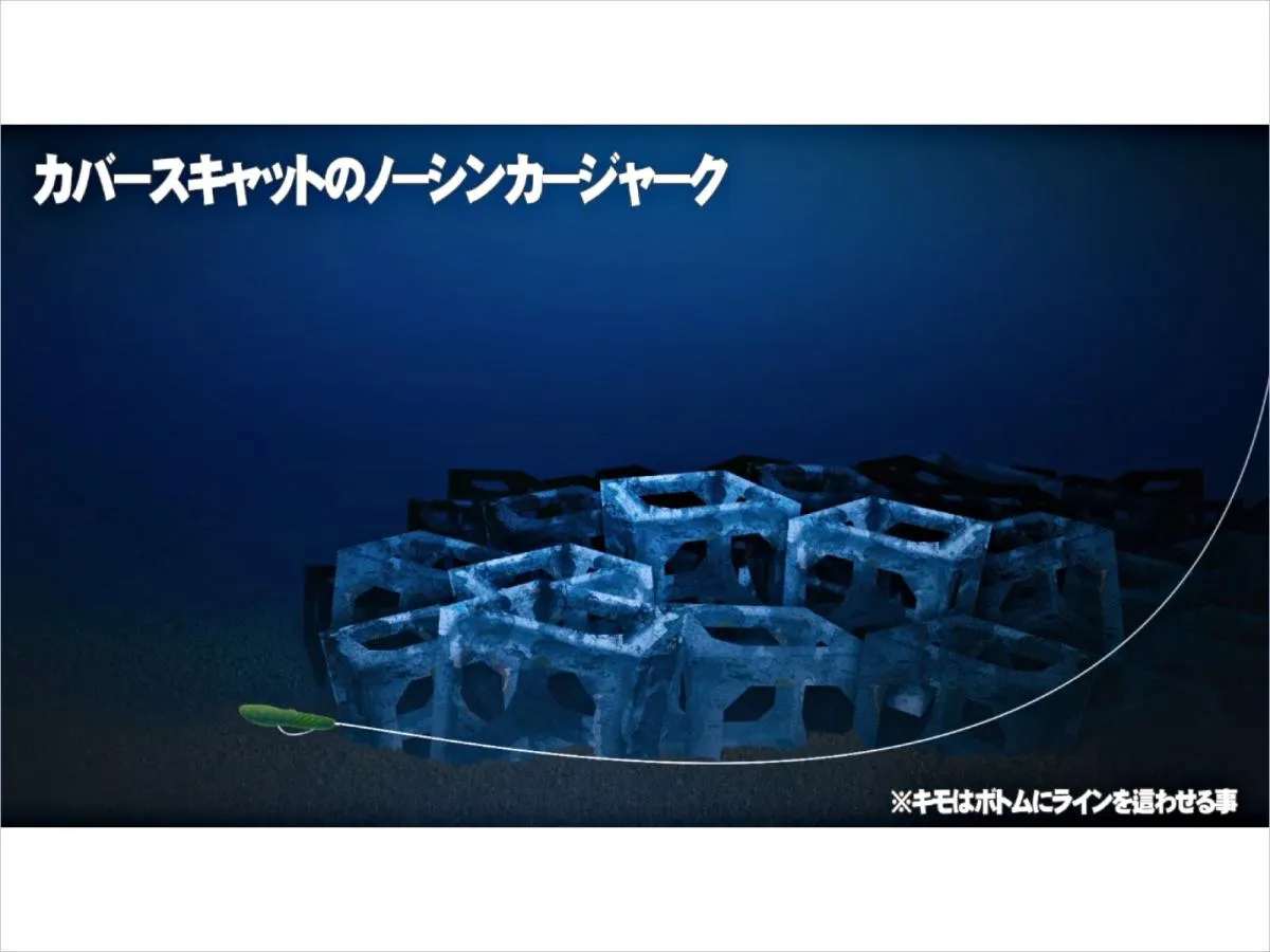 2ジャーク&ポーズを繰り返しつつ、ボトムにラインを沈めていく。ラインの存在感が消えるだけでなく、テーブルターンアクションをさせたときにルアーが浮き上がらないのがキモ。ボトムで砂煙を上げるゴリや、リングビアウォーレイ（琵琶湖南湖に繁茂する藻類）に付くヨコエビを捕食する稚バスなどを演出できる。このイラストは釣りビジョンVODで視聴可能な番組「トロフィーフィッシュ・釣りビジョンバス記録を超えろ 琵琶湖・冨本タケル編 chapter 1」からの転載
