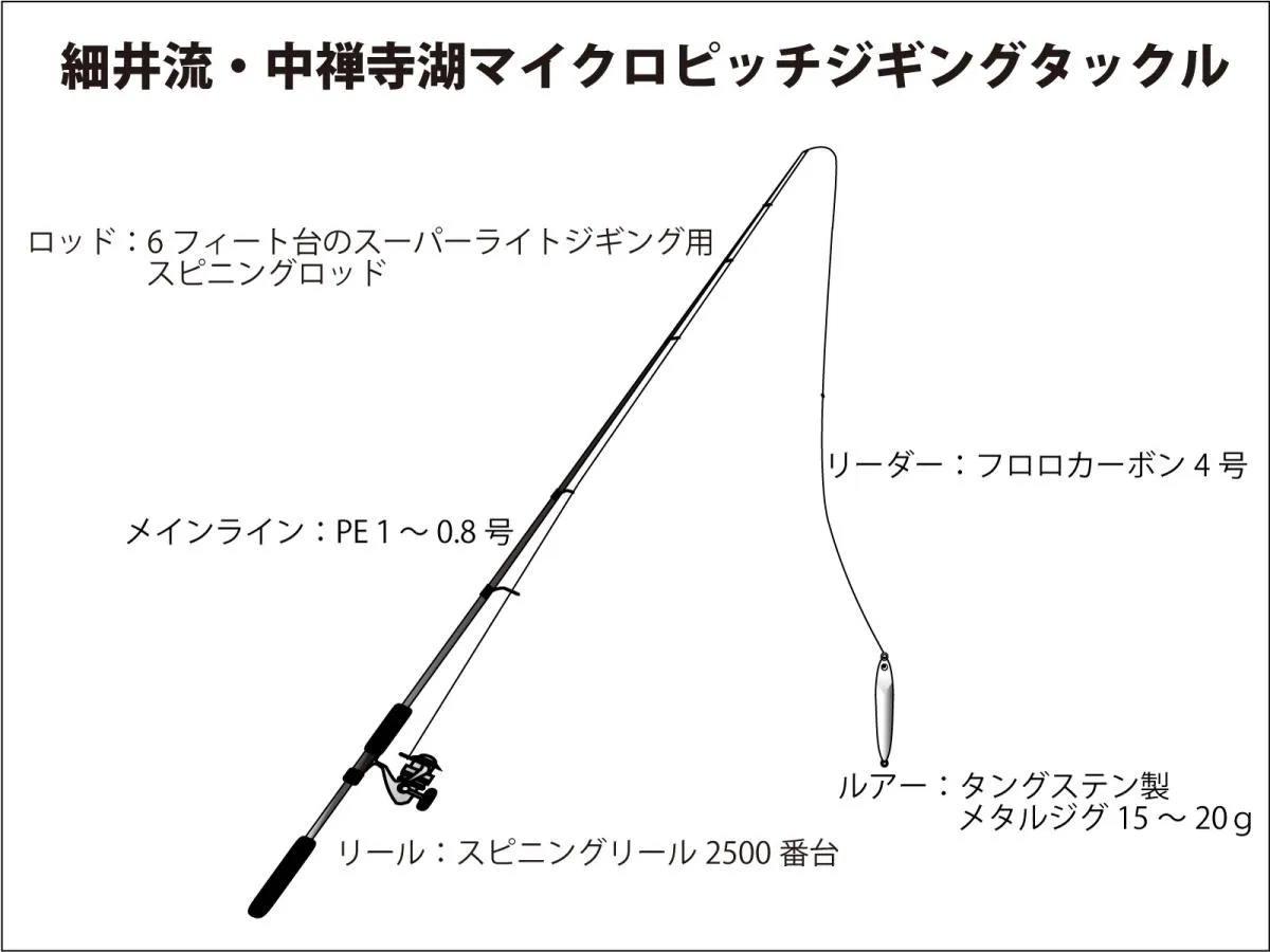 細井流・マイクロピッチジギングの推奨タックルはイラストの通り。リーダーが4号というのは、メーター級を想定しての設定。風の強い日は３０gのジグまで使うことがある。