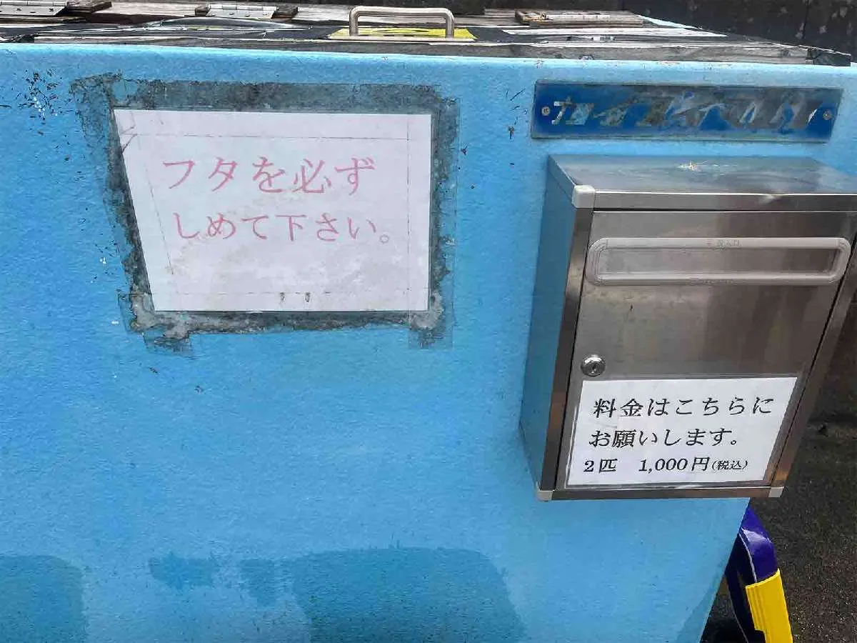 「鮎や」さん裏手にセルフのオトリ販売がある。料金はポストの中に