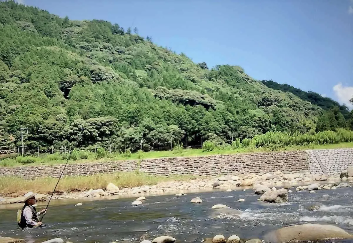 暑い！瀬に浸かってオトリを泳がせる。©釣りビジョン