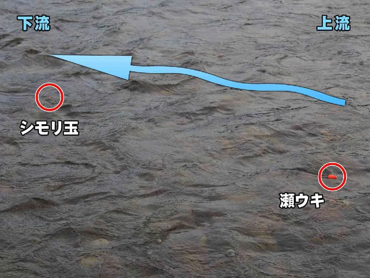 流し毛バリの仕掛けは対岸側に振り込み、下流へ流してアタリを誘う。瀬ウキとシモリ玉の間が弛まないように流すのが秘訣。流しきったあとも、竿を前後させ誘いをかけてもいい。捕食は見えることが多いが、いきなり手元にプルプルと伝わってくるケースもある。　©宮崎紀幸