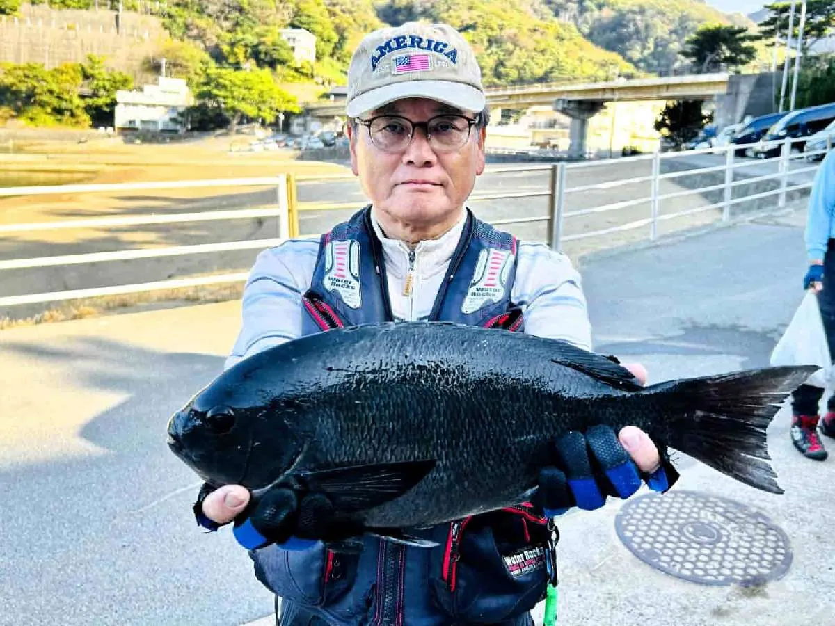1335g(43.5cm)のメジナを釣り上げた加賀美さん　©釣りビジョン