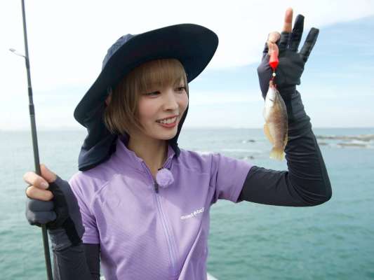 ルアーでの反応が悪く作戦変更！ブラクリにイソメを付けてみる。かつて野生児だったもがさんは虫も大丈夫。ブラクリを足元へ落とすと、今日初のアタリが！何であっても生命反応は嬉しいもの。顔を見せてくれたのは可愛いベラ。指導をしていた泉さんも「こんなに嬉しいベラは初めて」と胸を撫で下ろしていた。©釣りビジョン