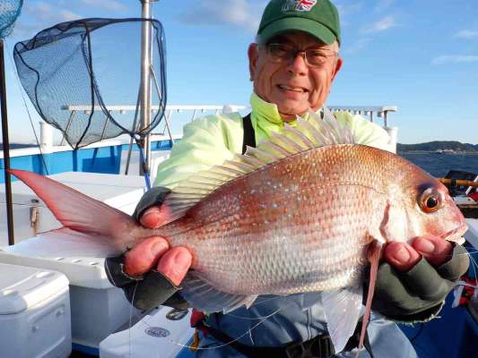 船中1匹目のマダイは右舷ミヨシ（船首）、1kg弱だろうか？幸先良いぞ！ ©釣りビジョン