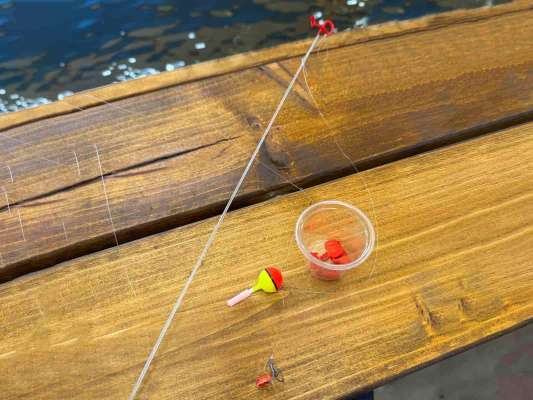 特注のグラス製ロッドにウキ、バーブレスのトレブルフックという専用仕掛け。餌は意外にも「よっちゃんイカ」。赤い色と香りがエビの喰い気を刺激する。 &copy;釣りビジョン