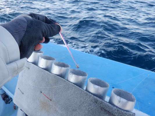 イカ釣り仕掛け投入器に順番にツノを入れて投入合図を待つ。 &copy;釣りビジョン