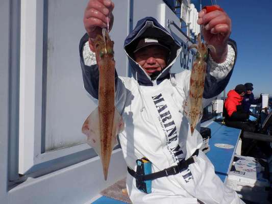 40cm超の肉厚パラソル級のヤリイカ（右手）も交じった！ &copy;釣りビジョン