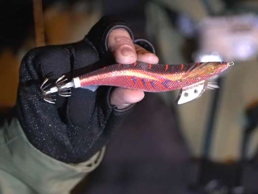 「エギ王Kベーシック」4号・ボルカノロック。強風時、エギを飛ばせて、自分とエギを一直線状にするには大きいサイズがベター。水の抵抗が大きなボディで潮の状態を確認する。竿も8フィート4インチと短いものを使用。&copy;釣りビジョン