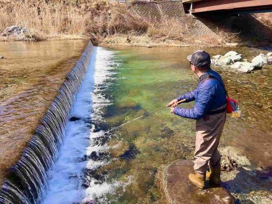 堰堤まわりでは複数の魚が一斉にチェイス！足元までしつこく追尾。 &copy;釣りビジョン