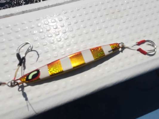 船長オススメのシマシマのジグ。田辺沖では、赤キンゼブラカラーが定番で、フックを4本つけるのが主流とのこと。それにはきちんと理由があるようだ。このジグで、水深30～50mの瀬のあるポイントを探っていく。ラインはPE1.5号、リーダーナイロン25ポンドを使用。ロッドは2種類、「BLACK DIAMOND」のB-601とB-602。&copy;釣りビジョン