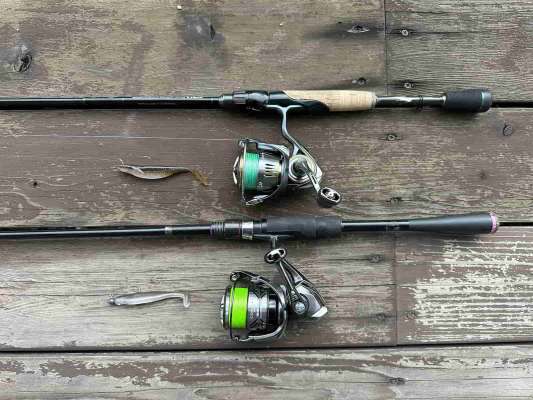 主な使用タックル。サカマタシャッド4.5インチ用⚫︎ロッド：ロードランナーストラクチャーNXS STN640LLS（ノリーズ）、リール：エアリティLT2500S-XH（ダイワ）、ライン：リアルデシテックス 0.5号（よつあみ）、リーダー：グランドマックス 1.75号（シーガー）。ヴァラップスイマー3.3インチ用⚫︎ロッド：SDS-608MLR -FTWサクリファイス（セディション）、リール：コンプレックスXR2500F6HG（シマノ）、ライン：アップグレードX8 0.6号（よつあみ）、リーダー：グランドマックスFX 2号（シーガー）。 &copy;望月俊典