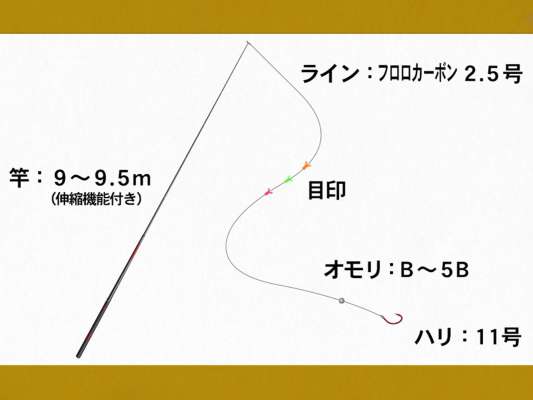 伸縮機能が付いた全長9.5mの本流大物竿。針は細軸の11号。井上は何故細軸にするのか？オモリはB～5Bまで各種準備、川の状況に合わせて使い分ける。エサはイクラ、サーモン、ブドウ虫、ミミズを用意。まずは、視認性の良いブドウ虫をチョイスする。 &copy;釣りビジョン