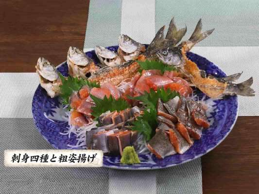 ヒメマスの個性を生かした刺身4種。素材本来の味を堪能する「皮引き削ぎ切り」。余分な水分を抜き旨みを凝縮させた「塩締め」、酢で締め甘味をよりきわ出させた「皮引き酢締め」、そして熱を加えることで旨みを引き出した「焼き霜り」。香りが素晴らしく美味しいというほかない、とウエカツも絶賛。 &copy;釣りビジョン