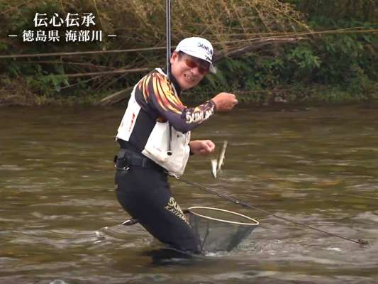昔、海部川では大会が開催されていたこともあり、「よく来ていた。その頃はよく釣れていた」と言う北村。「這うように動いて」との鬼才のアドバイスを胸に、狙いのポイントにオトリを送り込み、反応を待つ。流心にはしっかり苔がついているが、ハミ跡は少ないようだ。そして、我慢の時間を経て遂にヒット。手にしたのはまずまず型の良い鮎だった。&copy;釣りビジョン