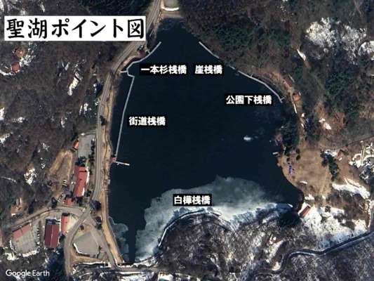 聖湖のマップ。湖畔には5つのポイントが整備されており、今回は北側に位置する公園下桟橋に入った。浅だな、ちょうちん、底釣りなど楽しむことができ、夏でも涼しい環境はヘラブナ釣りの世界に心置きなく浸れる素晴らしいフィールドだ。 &copy;釣りビジョン