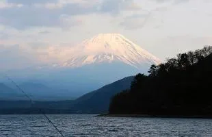 山梨県・本栖湖。ニジマスの銀色の魚体、富士山、蒼い水。キャンプ＆釣りも可能