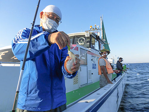 湾フグ仕様の竿で見事にヒットさせた