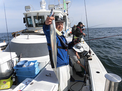 ジギングの釣り人に良型のタチウオが