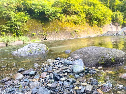 大石に乗って川を覗き込む