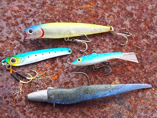 上から時計回りにモアザン ソルトペンシル70F(DAIWA)、ジギングラップW5・9g(ラパラ)、ワームはモアザン ミドルアッパー3.5インチにシーバスジグヘッドSSの7g(DAIWA)をセット。月下美人プリズナーTGデカアジ・デカメバルSPEC10g(DAIWA)