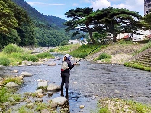 岸は目の前、浅場では沢山のアユの群れが泳いでいた