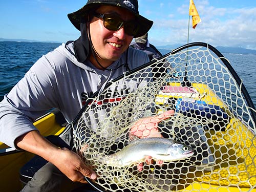 流し始めてすぐにヒット&キャッチに成功。シルバーの魚体が眩しい。