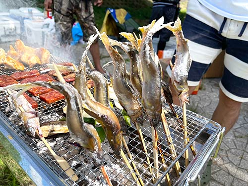 安曇川で釣ったアユはじっくり炭火で2時間、最高のBBQ