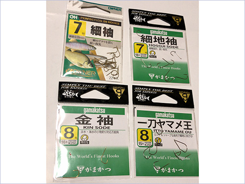 ハリは軸が細く、刺さりやすい渓流用の細地袖7号や金袖8号。ハリスは0.4号を5~7cmにして使用した