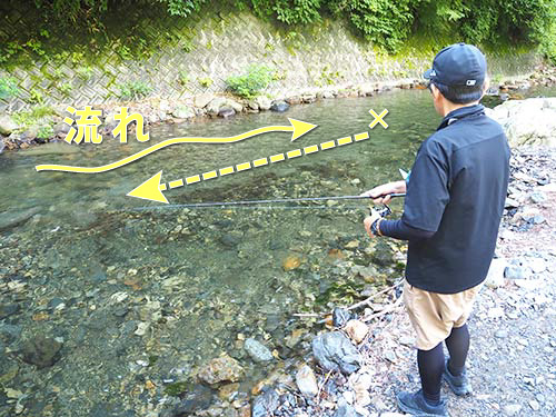 ダウンの釣り方。下流側に投げ、ゆっくりと巻いてくる。ダウンでは水に強く押されるため、通常のスローよりも、さらにゆっくり巻くこと。通常のスローくらいでは、抵抗が強くなりすぎてクランクが暴れすぎてしまうのだ。また、ココ!と思う場所では巻きを止めて泳がせ、バイトを待つ!
