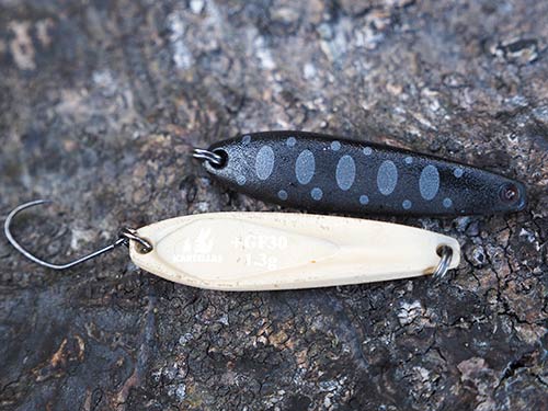 樹脂製のパラトシリーズのなかで、最も比重の軽い+GF30素材のモデルであるパラト+GF30の1.3g。ボトムから魚の目線ほどの高さまでをキープして巻くか、ハンドル1/4~1/3回転ずつ巻くデジ巻きを駆使して浮き上がりを抑えた方法が好反応だった