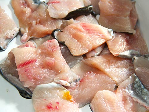 骨の除去が終わったら、食べやすいサイズにぶつ切り。下ごしらえはこれで完了。あとは蒲焼きのタレと白いゴハンがあればOK