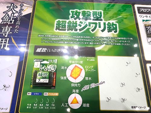 引き釣りにも、泳がせにも対応するオールラウンダー!ノンメッキで鋭さは抜群との事。当たりの弱いアユに対してもしっかりとしたキープ力を発揮させてくれるようだ!今シーズンぜひ使ってみたいハリの一つである!超鋭シワリ鈎「IBUKI(いぶき)」(OWNER)鈎先=シワリ 鈎色=ノンメッキ茶 号数=6.0/6.5/7.0/7.5 税込価格1,320円