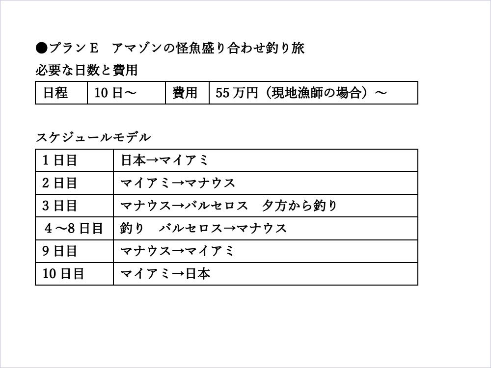 このスケジュールモデルは、現地漁師などと直接交渉して釣りをした場合になる。だから実際にはもう少し日程に余裕を持たせた方が良い。ホテルボートやフィッシングロッジを利用する場合は、費用が跳ね上がる。そしてホテルボートの場合は、出発から帰還まで1週間のツアーが一般的だ。