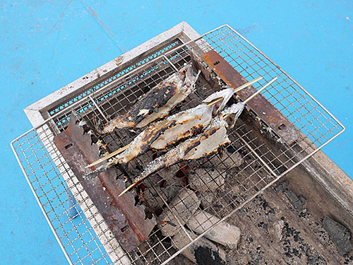 釣った魚は炭火で塩焼きにして食べることも可能だ