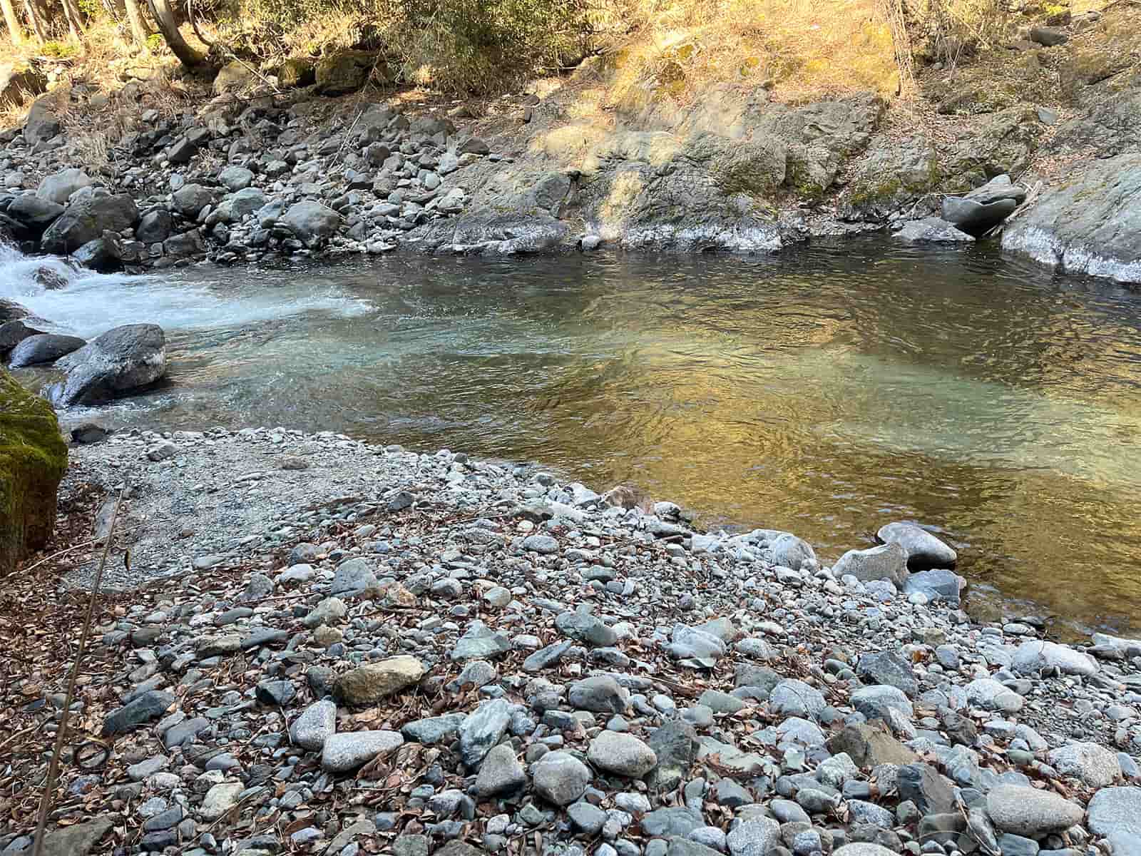 よい感じの落ち込みにも魚影はなし…