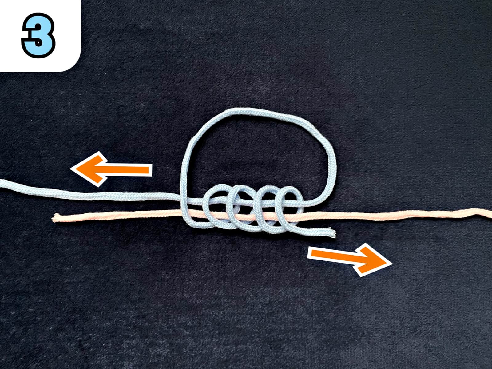 【3】2本のラインを巻き込むように、作ったループの中を通して4、5回巻き付ける。巻き付けが終われば、ループを作ったラインの本線と端糸を、矢印の方向に引っ張って軽く締め込む。ユニノットと同じ構造だ