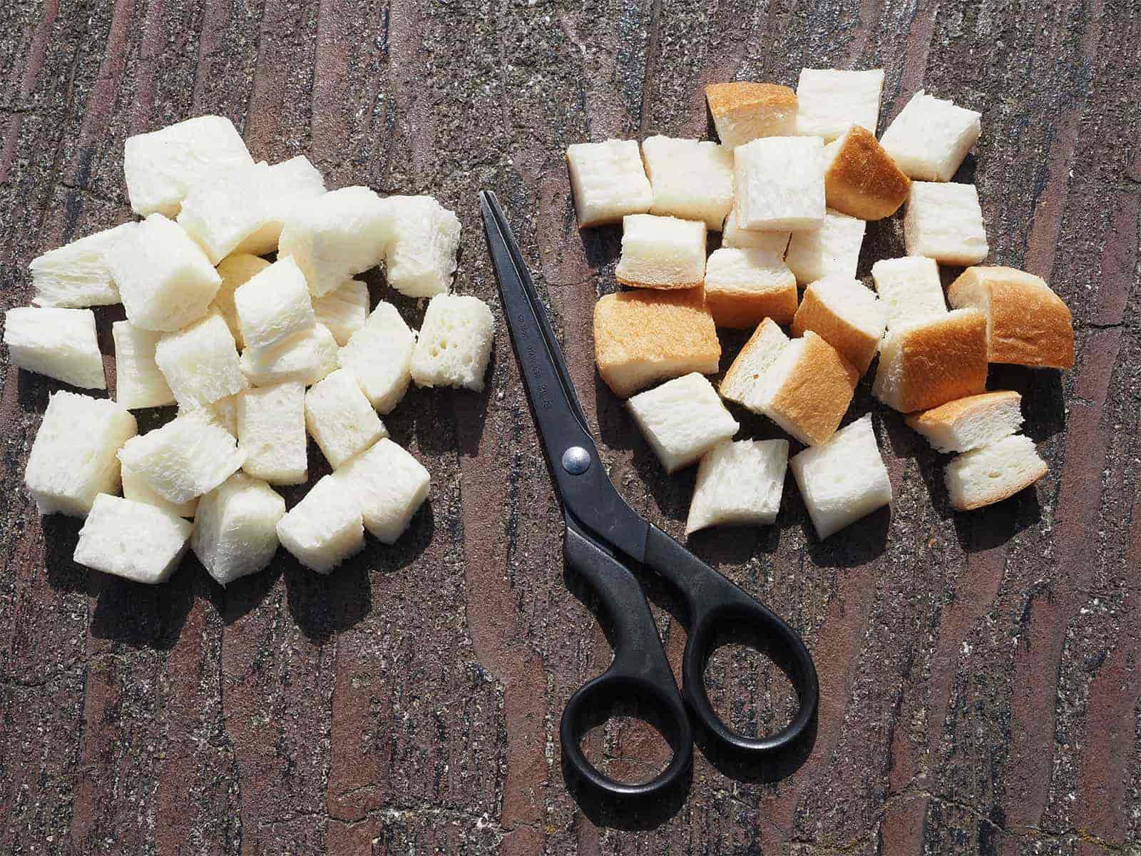 食パンは耳の部分と白身の部分を分け、それぞれ2cm角くらいにカット。そしてシッパー付きのビニール袋に入れておく。エサとして使用するのは耳の部分。白身の部分はチャミング（撒き餌）に使用
