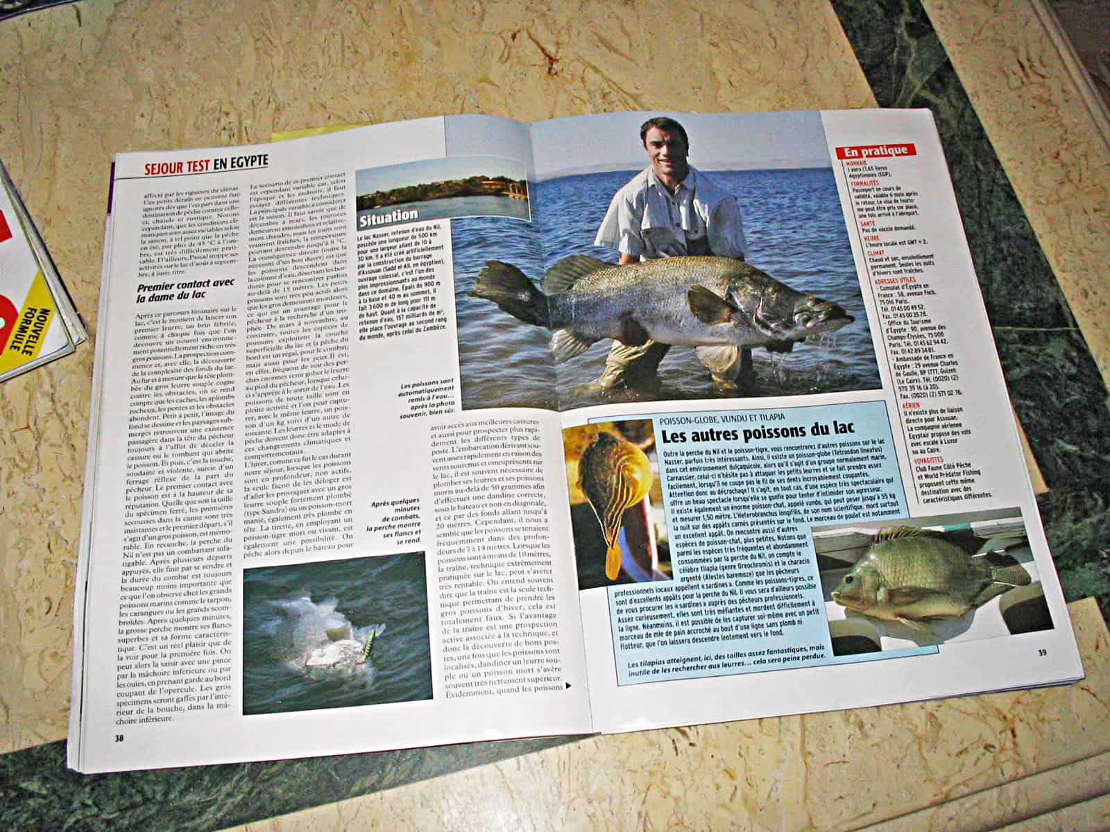 会社で見たフランスの釣り雑誌のナイルパーチの記事。きっと社長はこの写真の人（キャプテン）にお願いされたはず